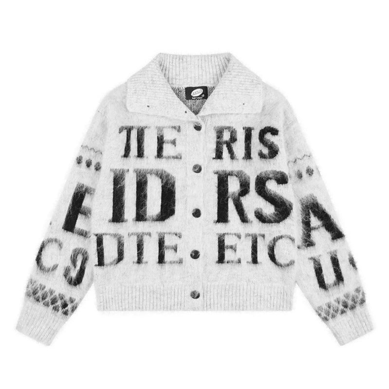 Women’s oversized mohair cardigan with button placket, large lapel collar, and typographic all-over print Mune Fashion