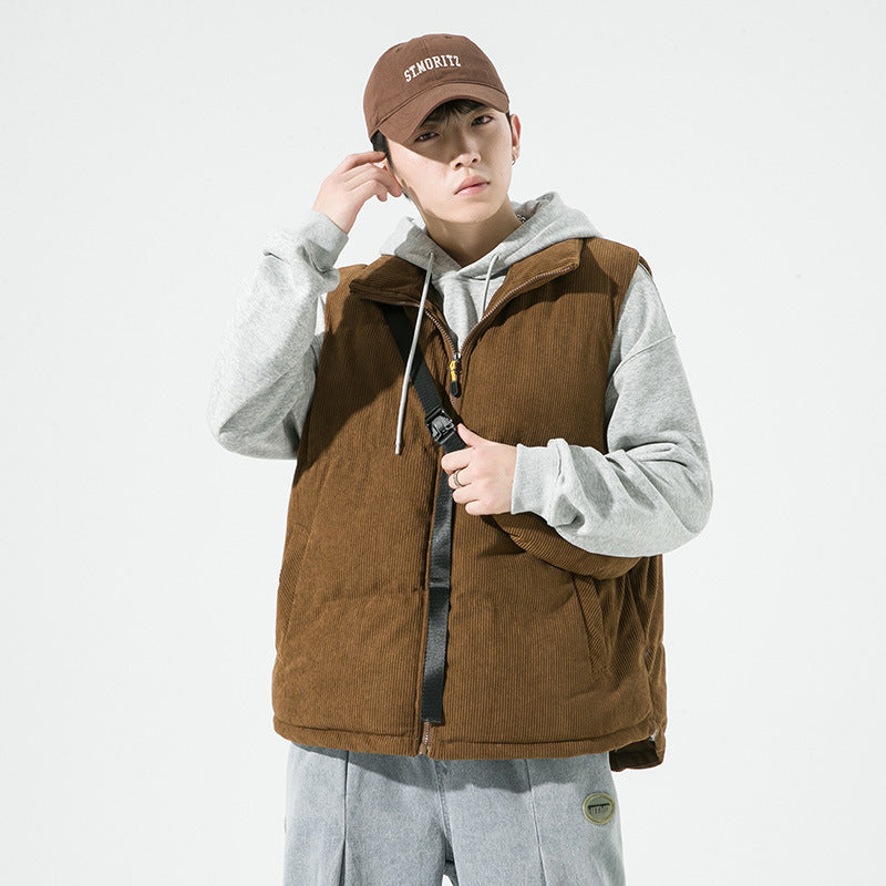 Men's Padded Fine Cord Quilted Vest with High Stand-Up Collar and Integrated Crossbody Fanny Pack Mune Fashion