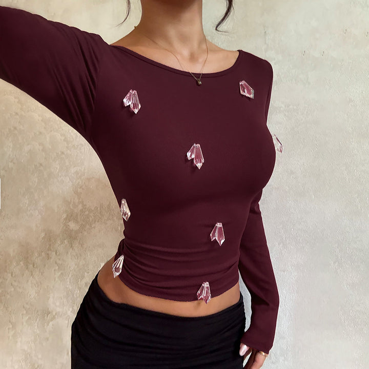 Women's Fitted Long Sleeve Shirt with Crystal Applications Mune Fashion