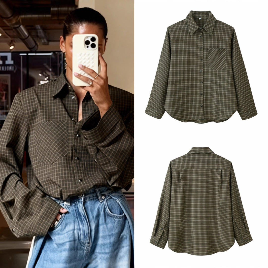 Women Oversize Check Shirt with Chest Pocket and Curved Hem Mune Fashion