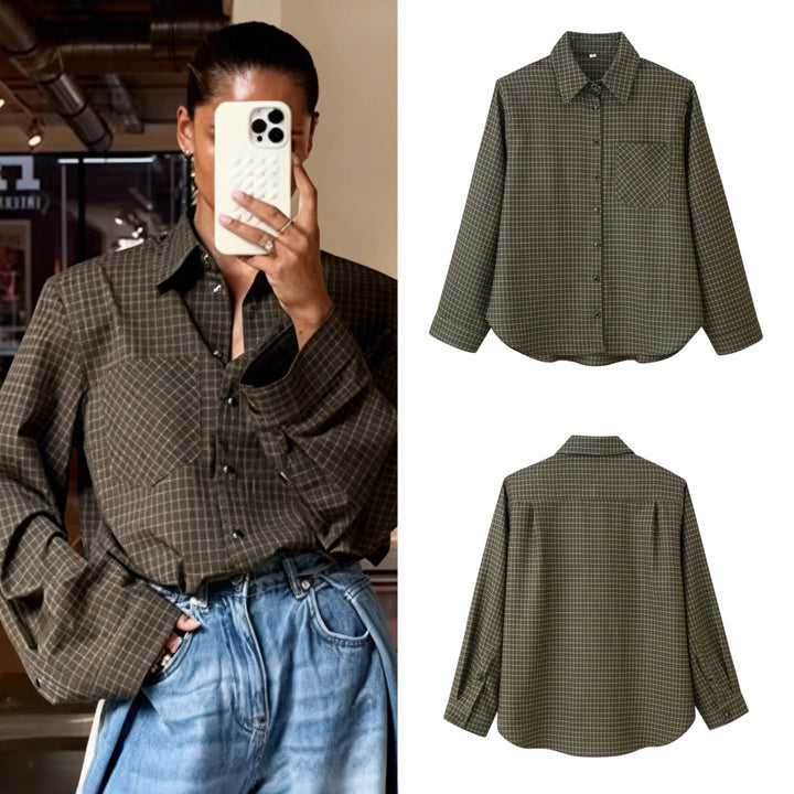 Women Oversize Check Shirt with Chest Pocket and Curved Hem Mune Fashion