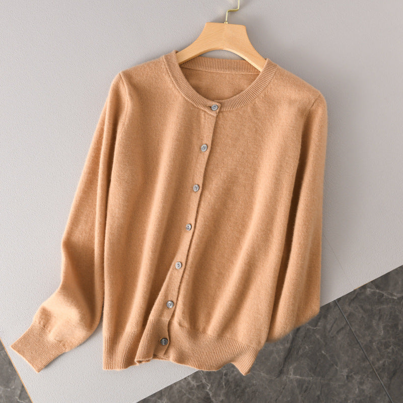 Women Lightweight Round Neck Button Cardigan in Cashmere Look with Fine Ribbed Edge and Casual Silhouette Mune Fashion