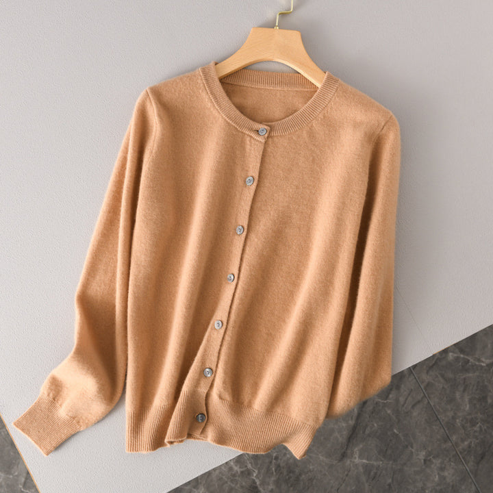 Women Lightweight Round Neck Button Cardigan in Cashmere Look with Fine Ribbed Edge and Casual Silhouette Mune Fashion