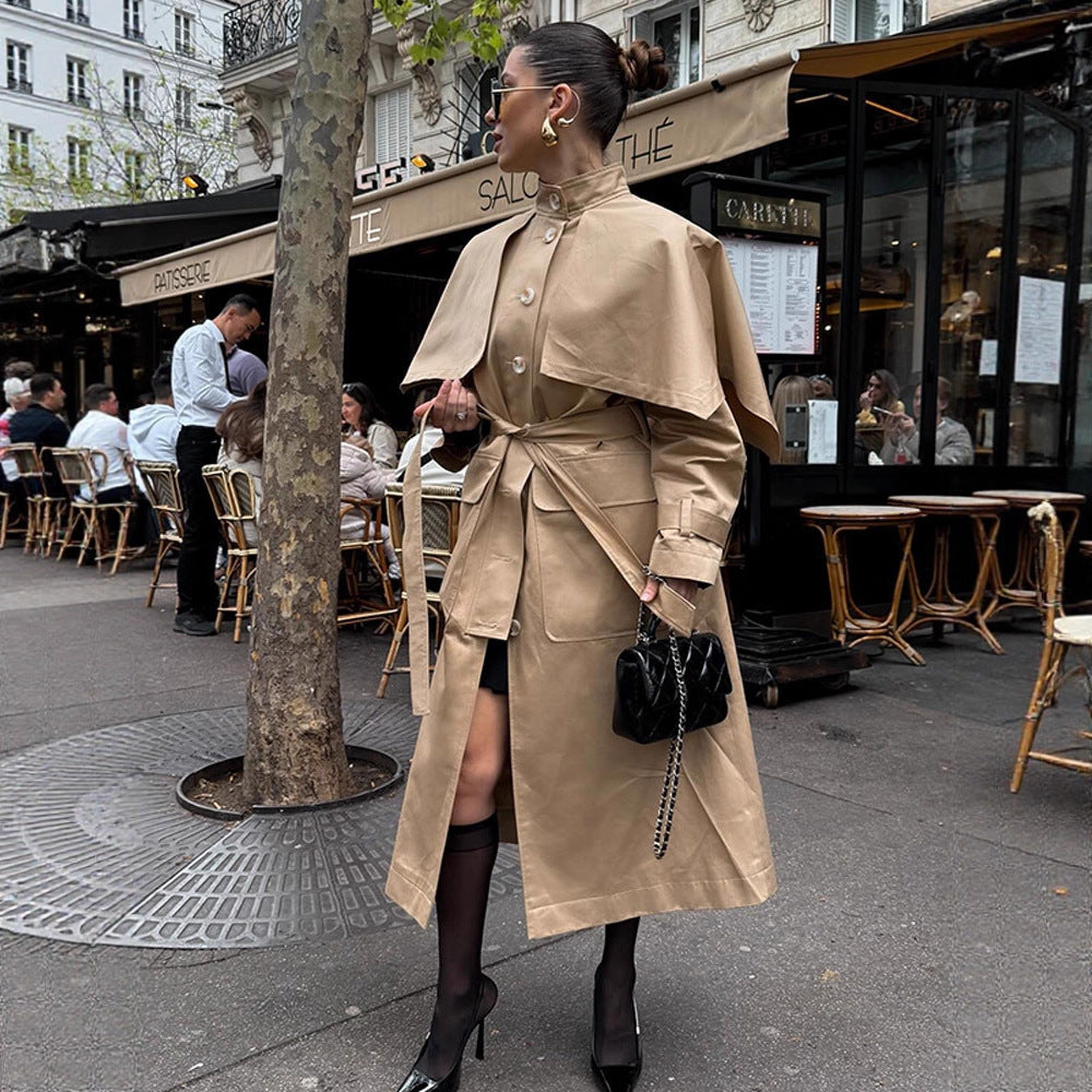 Women Long Trench Coat with Capelet, Waist Belt and Storm Collar Mune Fashion