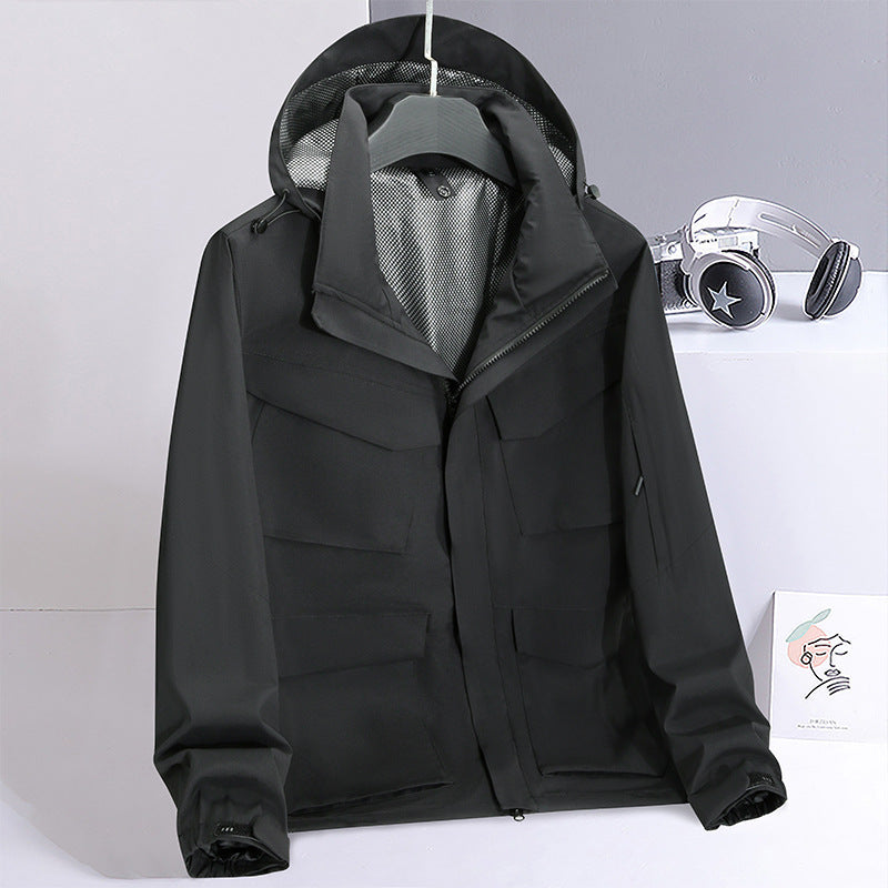 Men Water-Repellent Field Utility Jacket with Hood and Multiple Pockets Mune Fashion