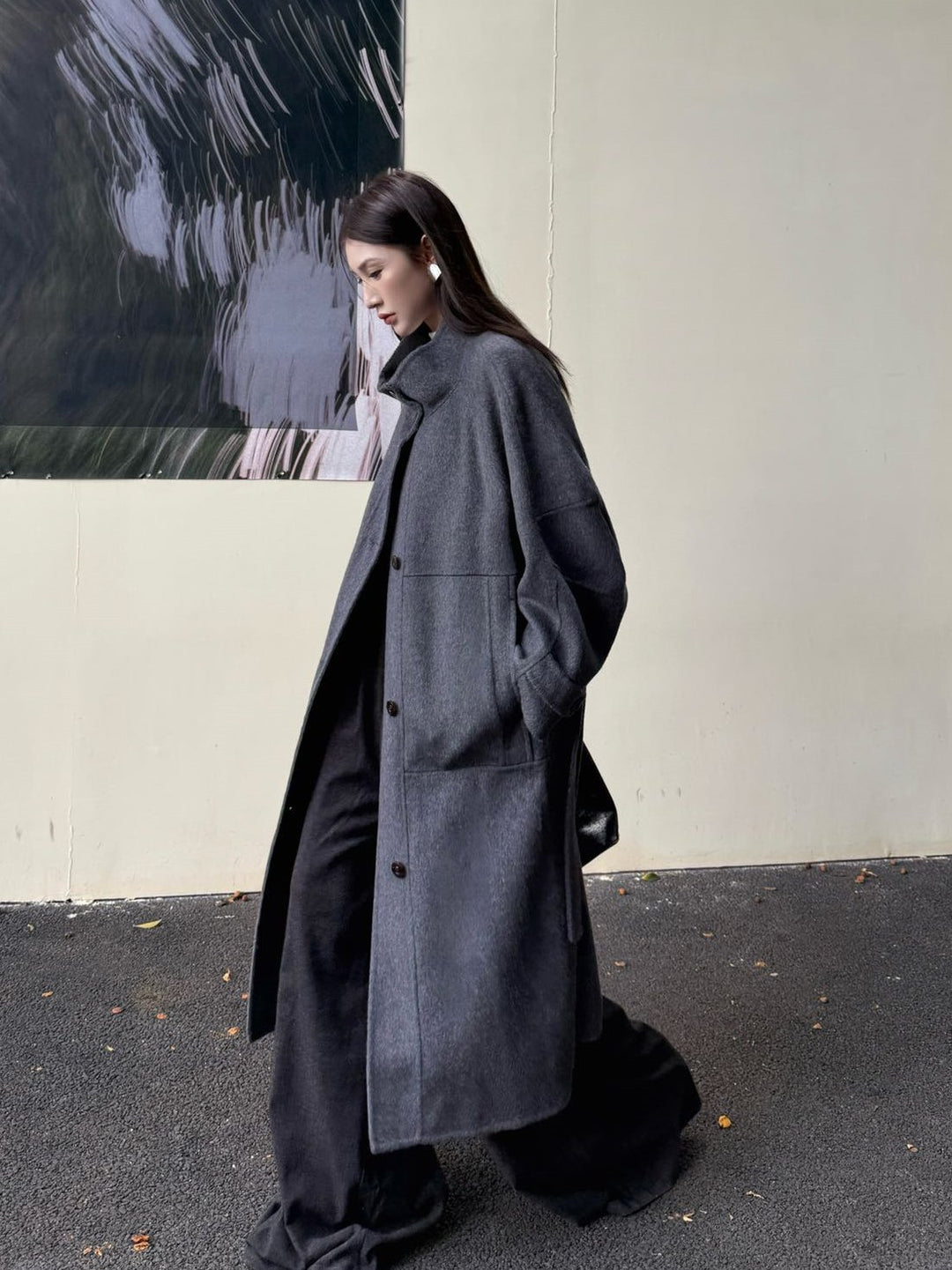 Women's Oversized Wool Coat with Stand-Up Collar and Large Flap Pockets Mune Fashion