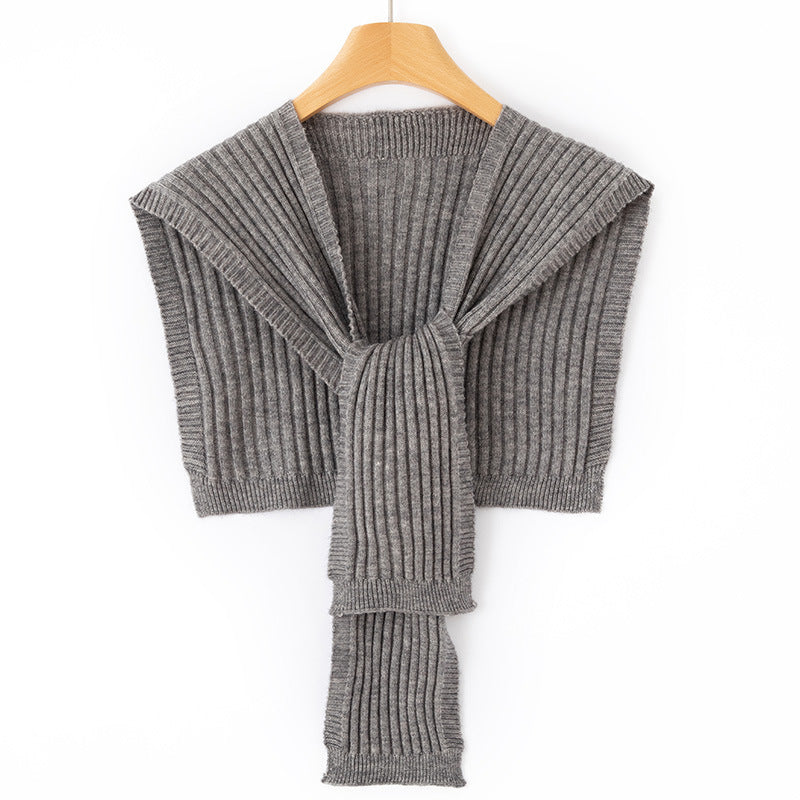Women's Short Ribbed Knit Shoulder Warmer with Integrated Scarf Mune Fashion