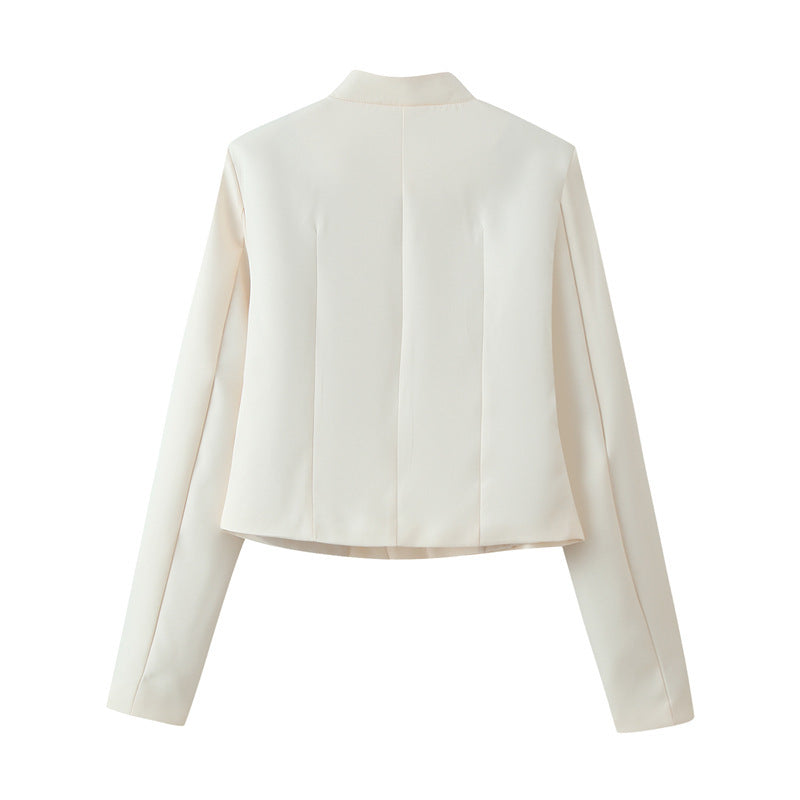 Women Cropped Tailored Jacket with Mandarin Collar and Decorative Toggle Closures Mune Fashion