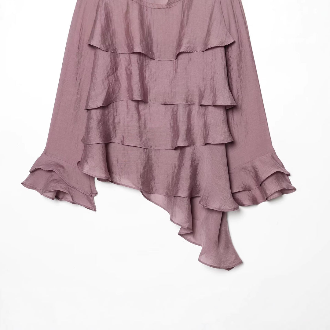 Women's Layered Look Chiffon Blouse with Ruffles and Asymmetrical Hem Mune Fashion