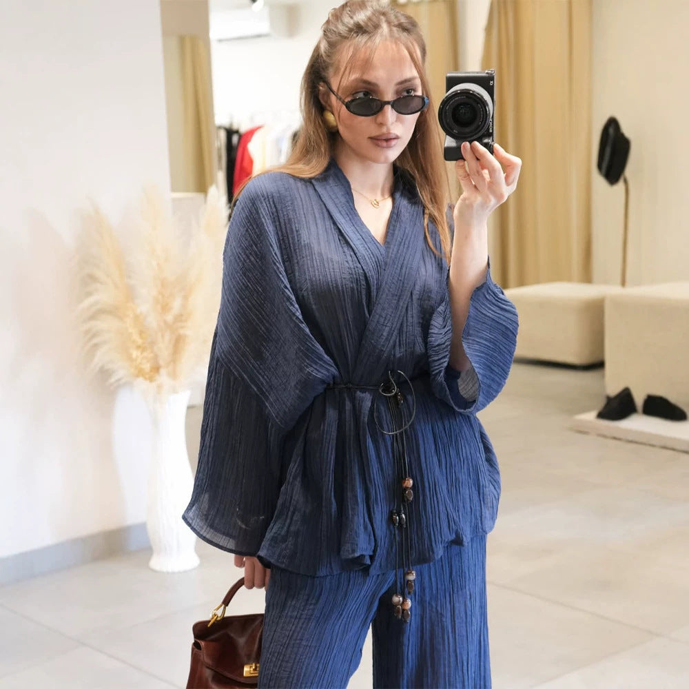 Women's Lightweight Crinkle Two-Piece with Wrap Top, Beaded Band & Wide Palazzo Pants Mune Fashion