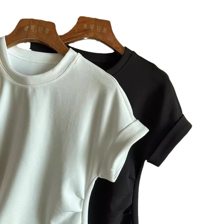 Women Short-Sleeved Structured Jersey Shirt with Waist Gatherings and Front Slit Mune Fashion