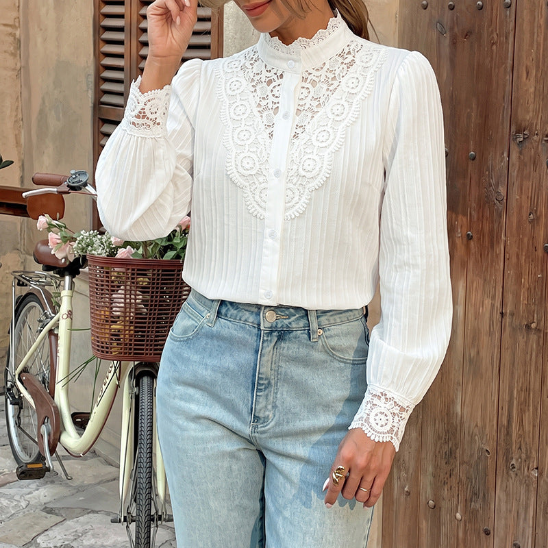Ladies Elegant Victorian-inspired Lace Blouse with Stand Collar, Button Placket and Balloon Sleeves Mune Fashion