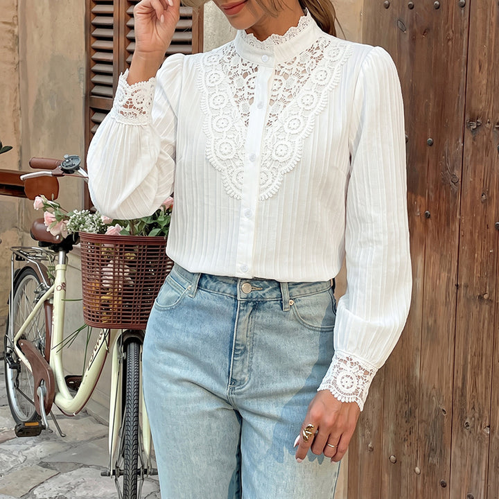 Ladies Elegant Victorian-inspired Lace Blouse with Stand Collar, Button Placket and Balloon Sleeves Mune Fashion