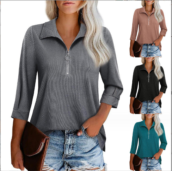 Women's casual blouse with zip collar, three-quarter sleeves, and flared hem Mune Fashion