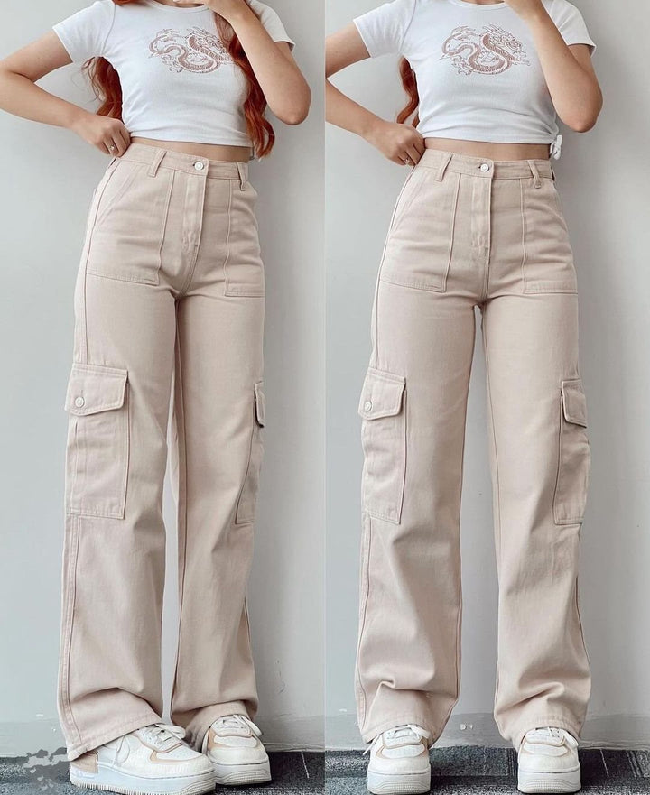Women's High-Waist Cargo Pants made of Twill with Flap Pockets and Wide Leg Mune Fashion