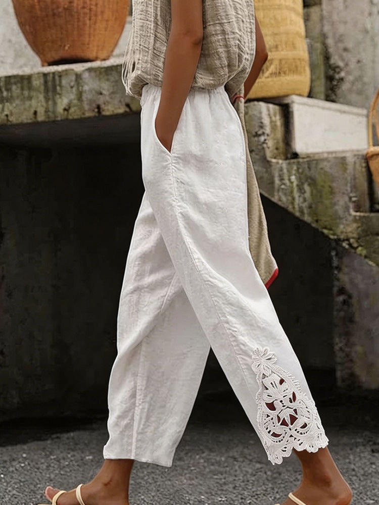 Women's casual pants made of linen blend with elastic drawstring waistband and lace embroidery on the leg