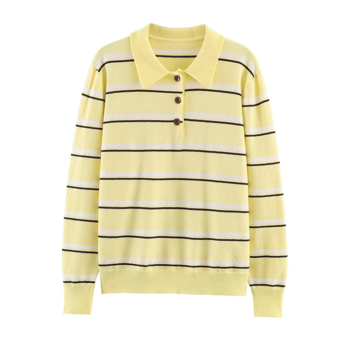 Women's striped fine knit polo sweater with button placket, ribbed cuffs, and light wool blend Mune Fashion