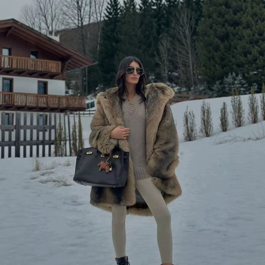 Women's Luxury Faux Fur Coat with A-Line Cut, Hood, and Microfiber Lining Mune Fashion
