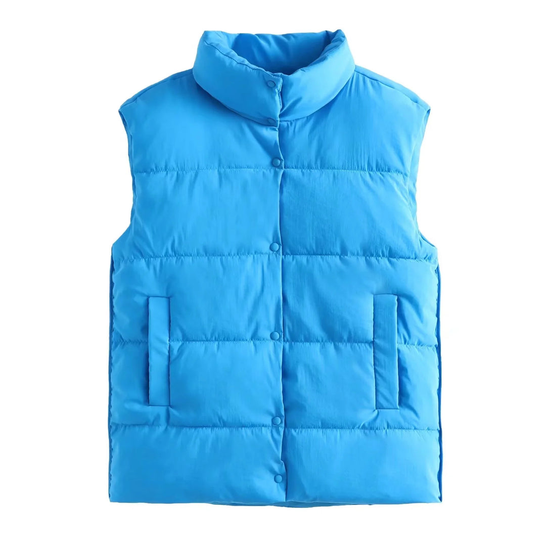 Women's sleeveless padded quilted vest with high stand-up collar and snap button closure Mune Fashion