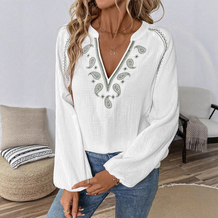 Women's casual cotton gauze blouse with embroidered V-neck, paisley embroidery, raglan seams, and wide balloon sleeves Mune Fashion