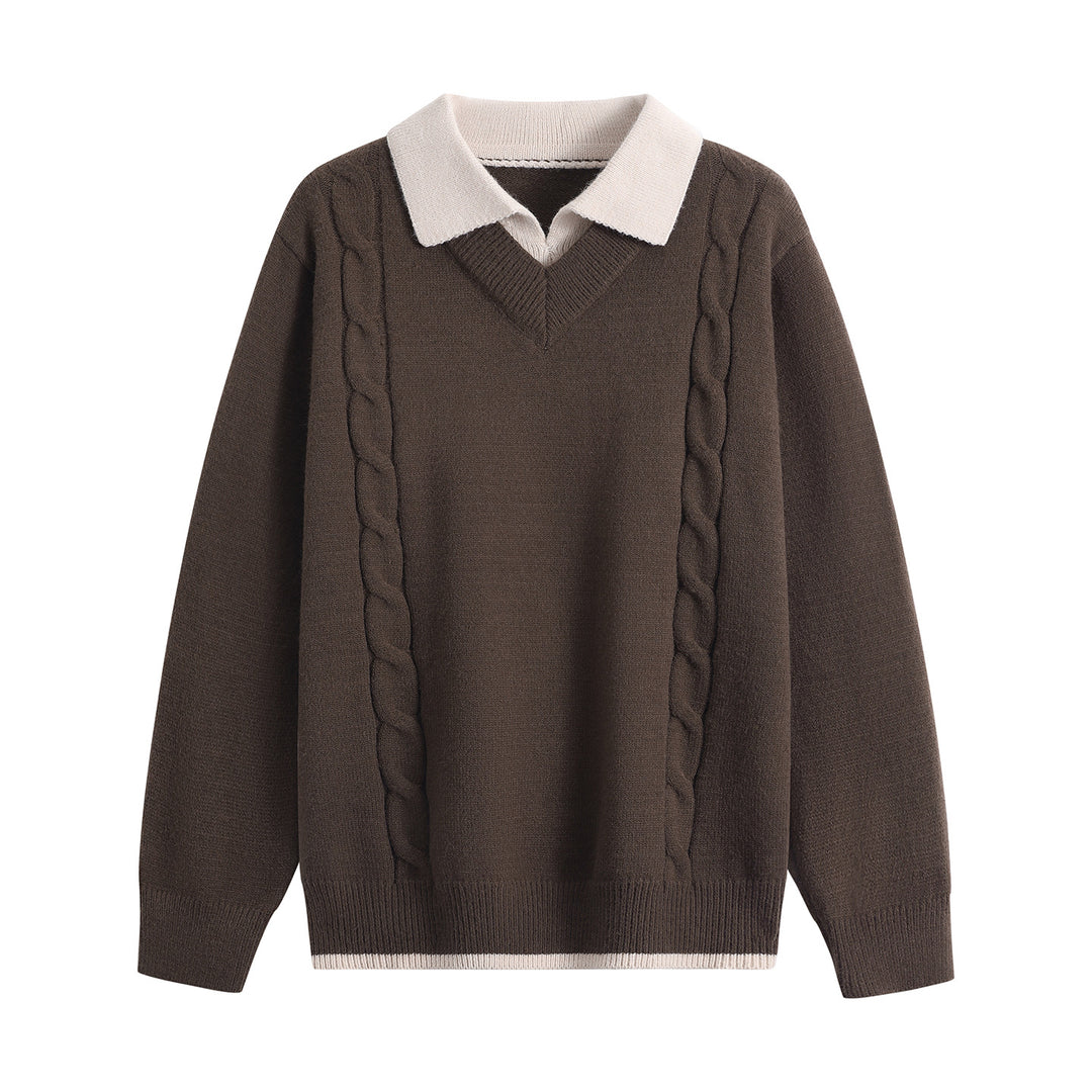 Women's Oversize Pullover with V-Neck, Contrasting Polo Collar & Cable Knit Details Mune Fashion