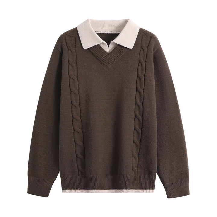 Women's Oversize Pullover with V-Neck, Contrasting Polo Collar & Cable Knit Details Mune Fashion