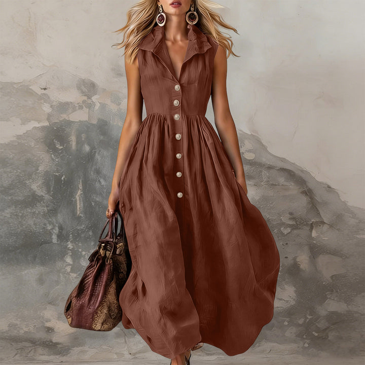 Women's Sleeveless Midi Dress with Button Placket, Gathered Waist and Ruffled Collar Mune Fashion