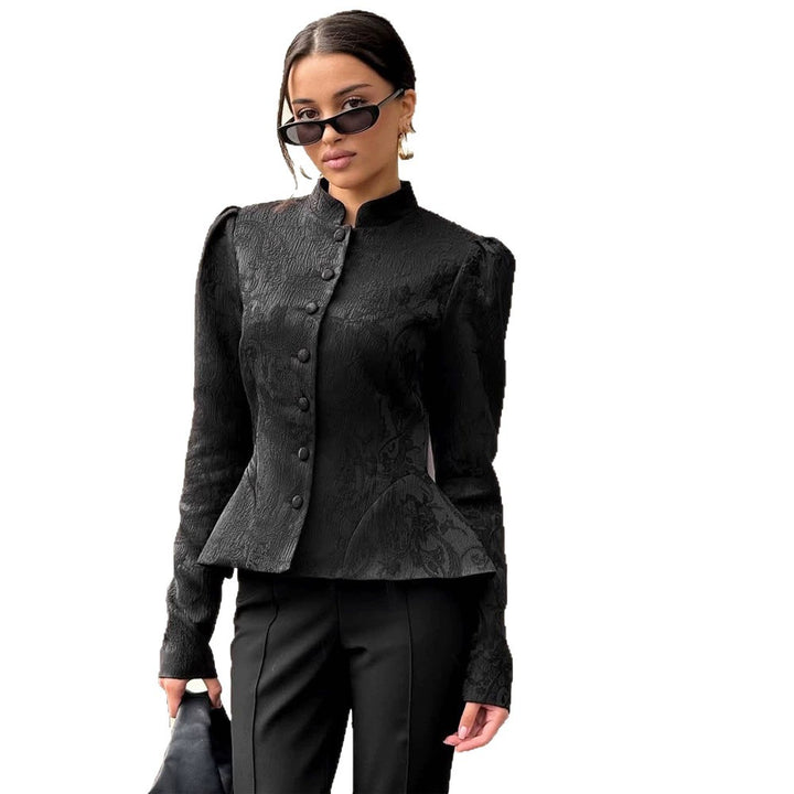Women tailored jacquard blouse with stand-up collar and decorative button placket Mune Fashion