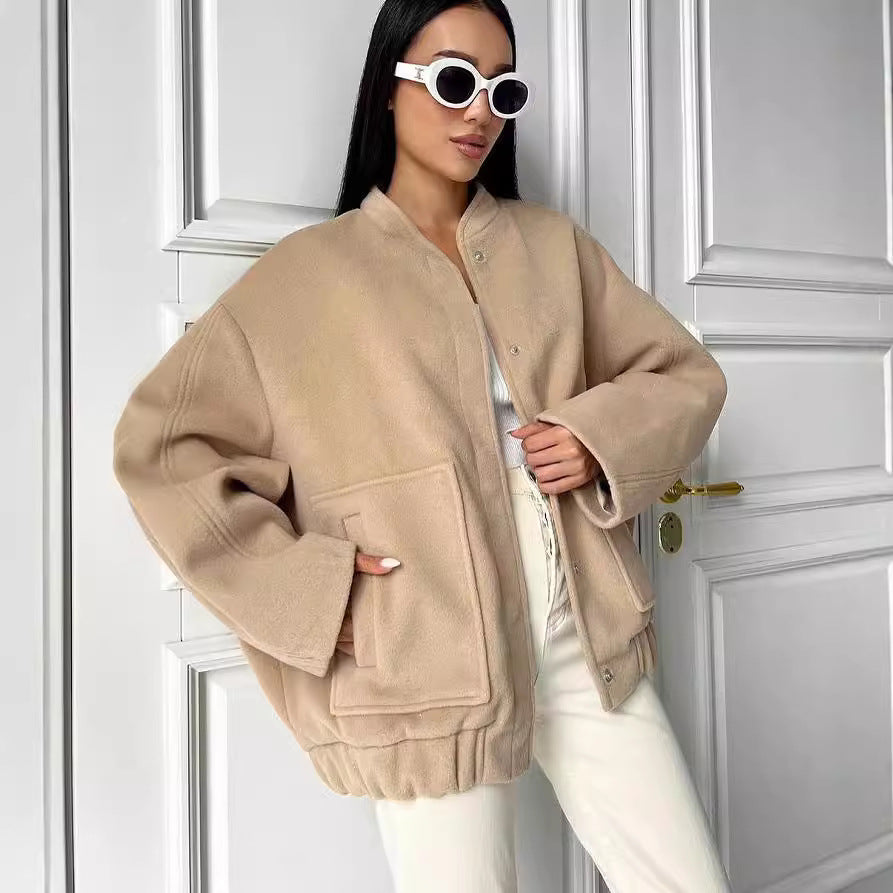 Women's short-cut boxy wool blend blouson with snap button placket and patch pockets Mune Fashion
