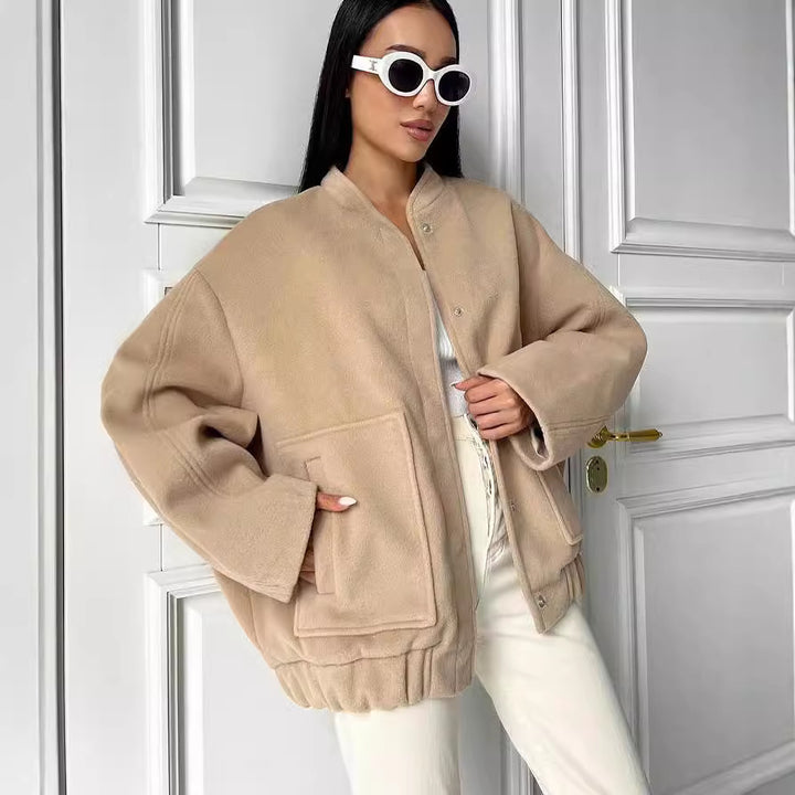 Women's short-cut boxy wool blend blouson with snap button placket and patch pockets Mune Fashion