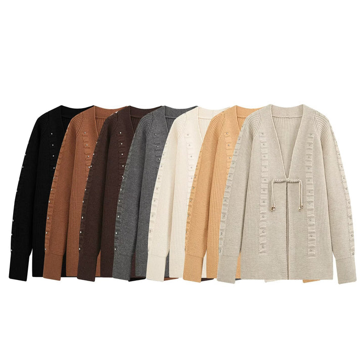 Women Chunky Knit Long Cardigan with Decorative Stones and Drawstring Ties Drune
