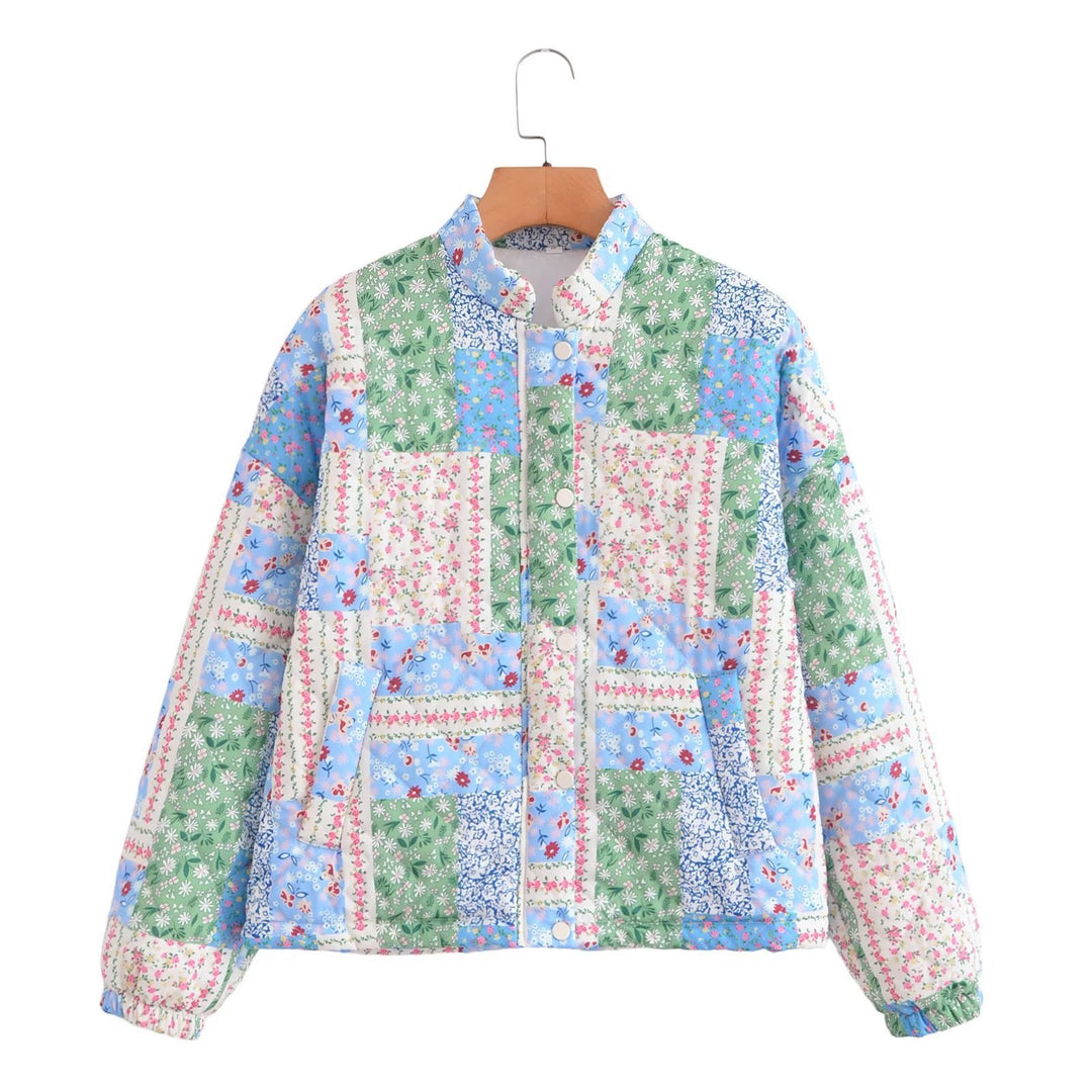 Women Padded Patchwork Quilted Jacket with Stand Collar and Snap Fastening Mune Fashion