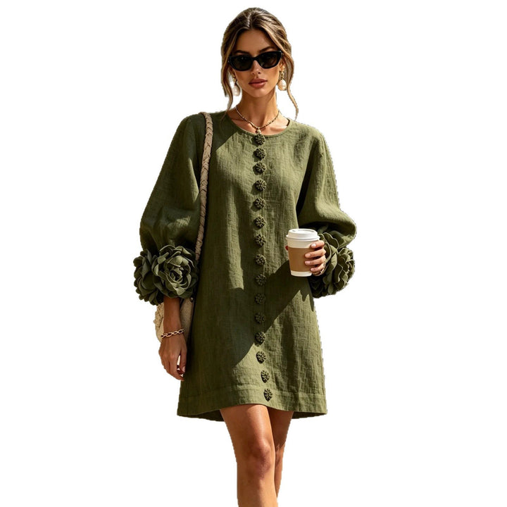 Women’s Short-Cut Linen Dress with 3D Flower Sleeves and Center Button Placket Mune Fashion