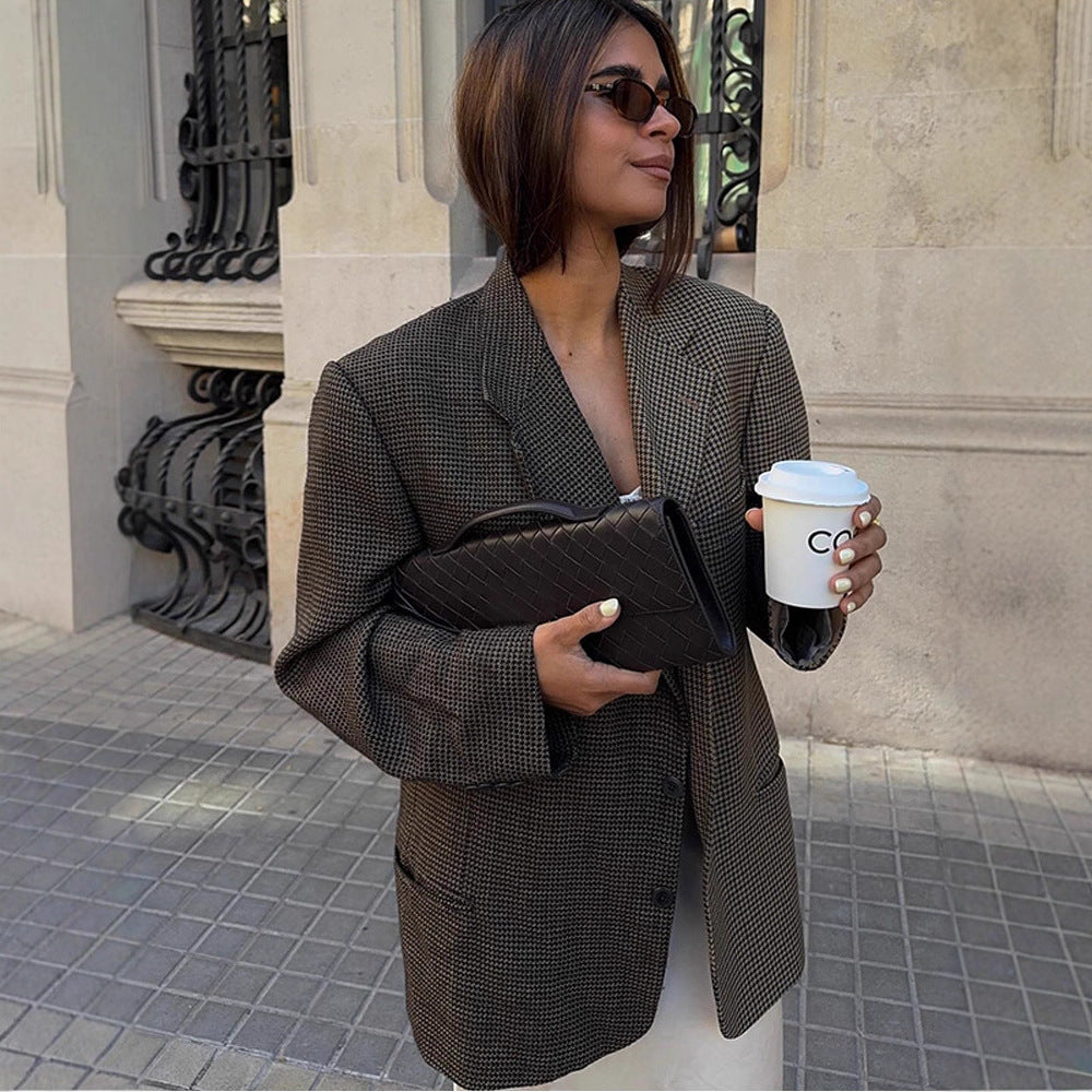 Women's Oversize Glencheck Long Blazer with boxy silhouette and structured shoulder