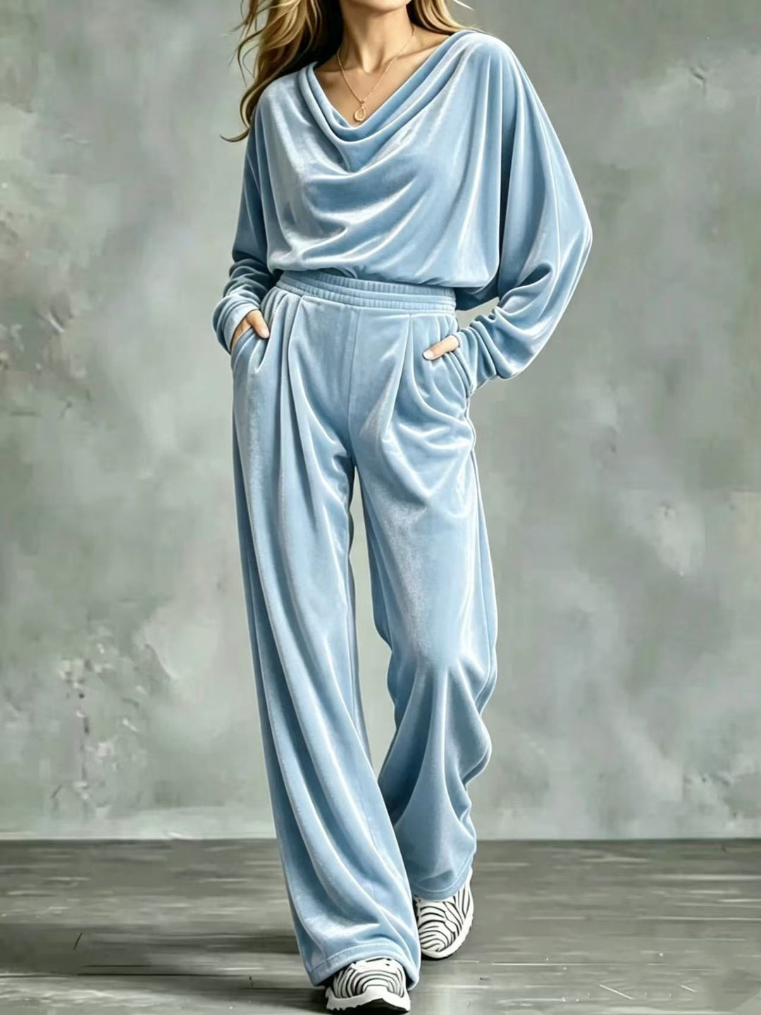 Women's Velvet Loungewear Set with Waterfall Collar, Wide Palazzo Cut and Insert Pockets Mune Fashion