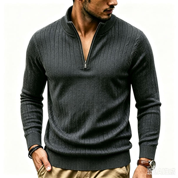 Men's Cashmere-like Half Zip Sweater with Stand Collar and Fine Ribbed Front Mune Fashion