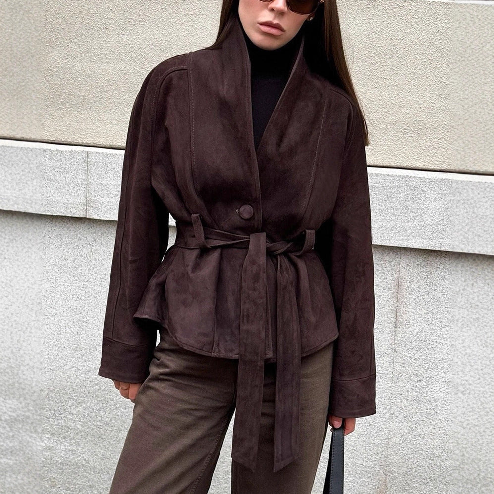 Women Velvet Leather Jacket with Shawl Collar and Tie Belt Mune Fashion