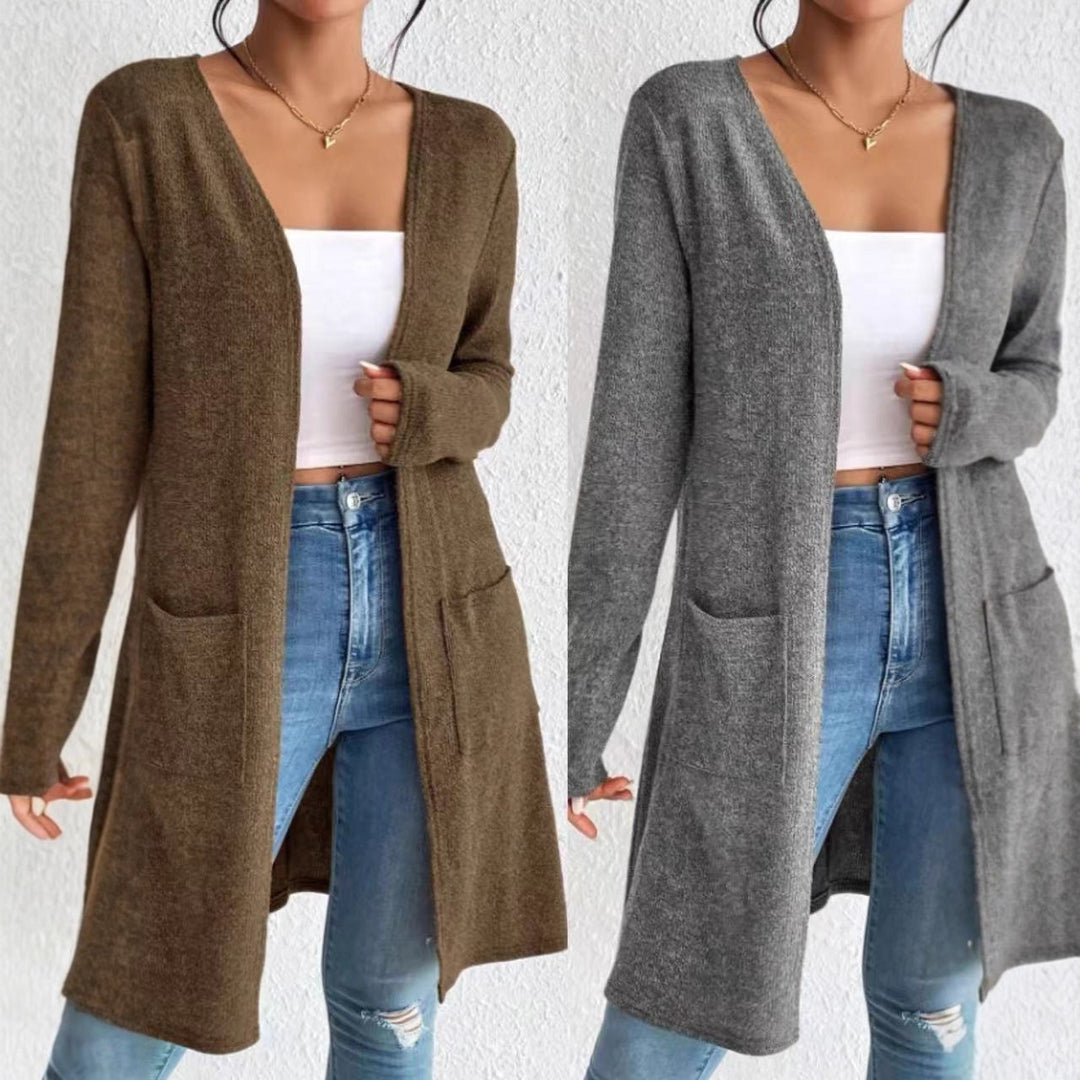 Women's open long cardigan with patch pockets and soft fine knit Mune Fashion