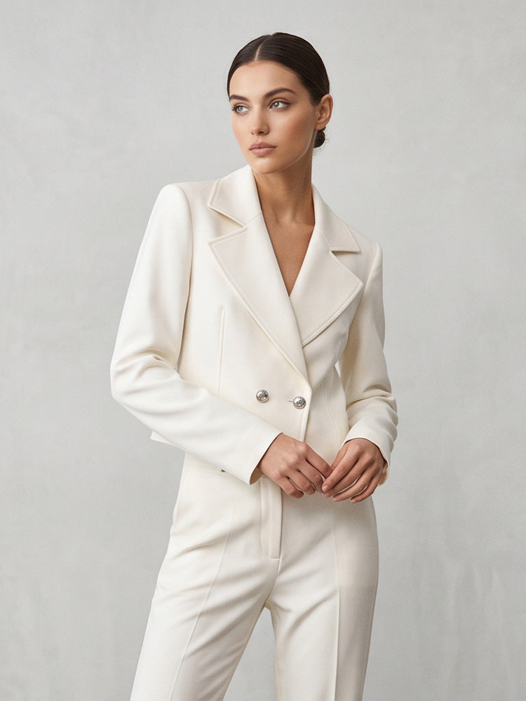Women's Short Tailored Double-Breasted Shawl Collar Blazer with Emphasized Shoulder Area Mune Fashion