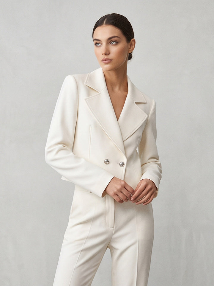 Women's Short Tailored Double-Breasted Shawl Collar Blazer with Emphasized Shoulder Area Mune Fashion