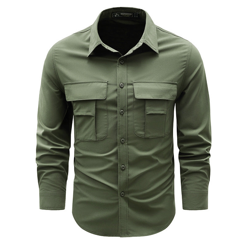 Men's lightweight travel utility shirt with double chest pockets, quick-drying ripstop fabric, and ergonomic cut.