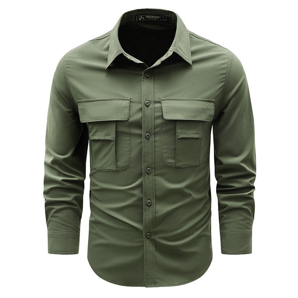 Men's lightweight travel utility shirt with double chest pockets, quick-drying ripstop fabric, and ergonomic cut.