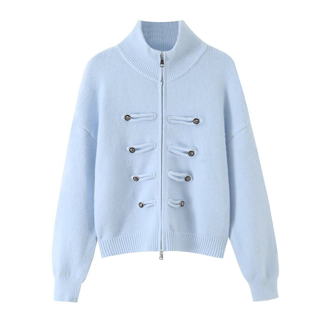 Ladies cardigan with stand-up collar, zipper and decorative knot trims Mune Fashion