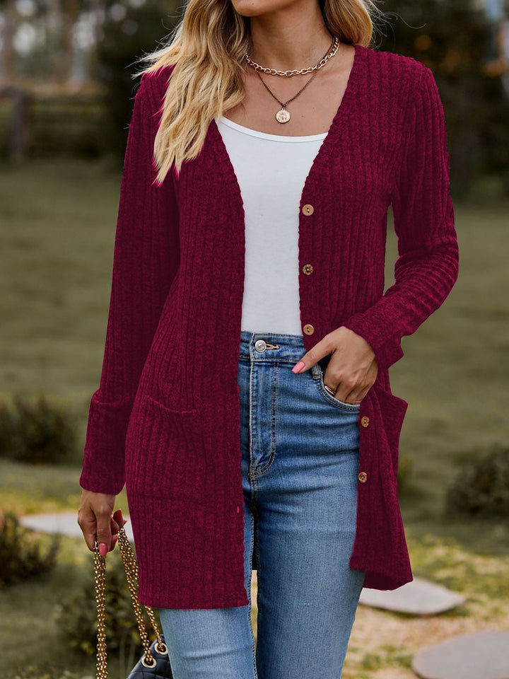 Women's longer ribbed knitted cardigan with patch pockets and wooden buttons Mune Fashion