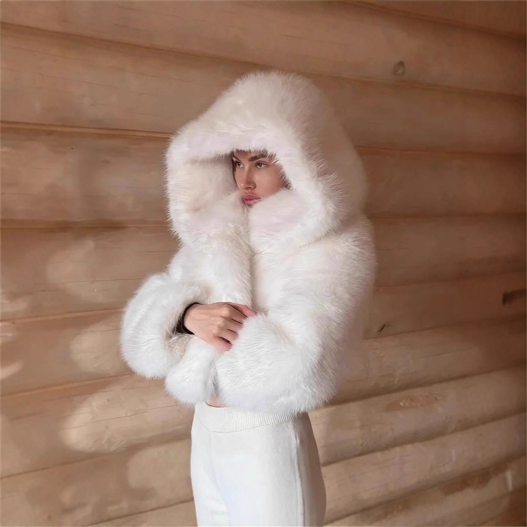 Women's Cropped Faux Fur Jacket with Hood, Smooth High-Pile Look and Narrow Hem Mune Fashion