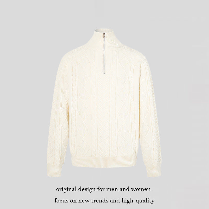 Women's Cable Knit Pullover with Short Zipper and Stand-Up Collar Mune Fashion