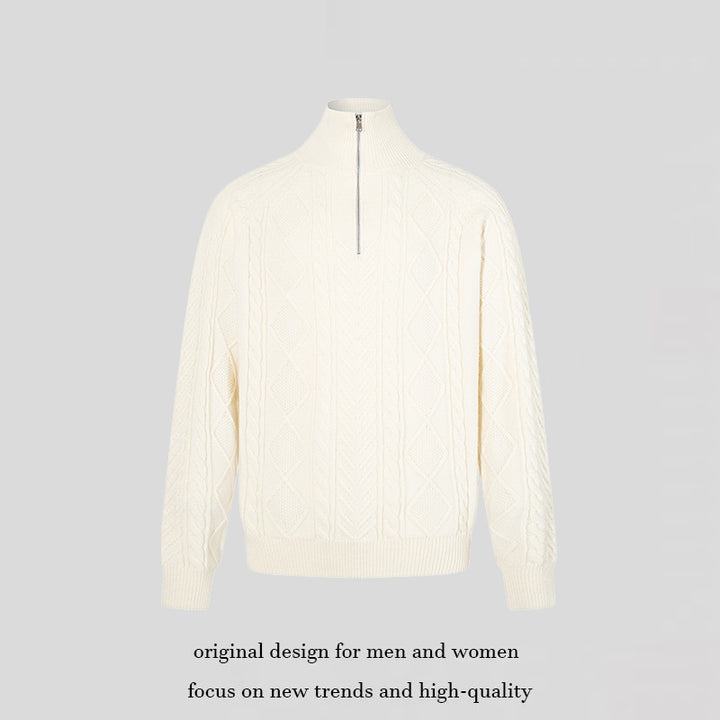 Women's Cable Knit Pullover with Short Zipper and Stand-Up Collar Mune Fashion