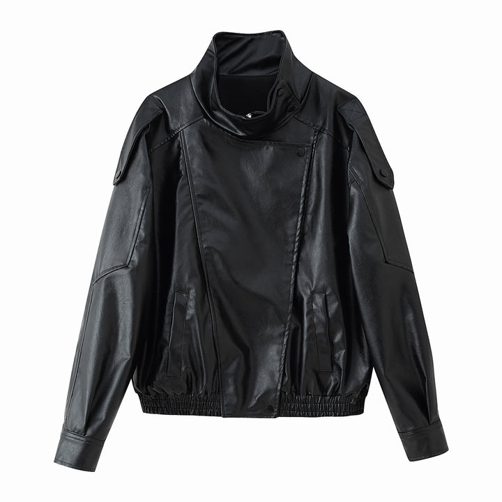 Men's casual biker jacket made of faux leather with a high stand-up collar, shoulder flaps, and elastic hem Mune Fashion
