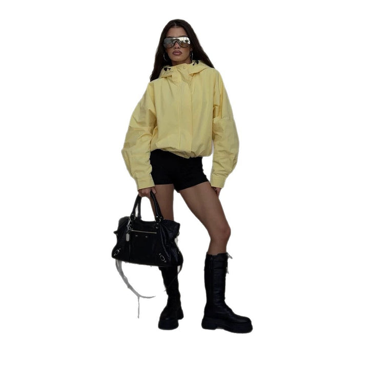 Women's Oversize Windbreaker Jacket with Hood and Short Cropped Cut Mune Fashion