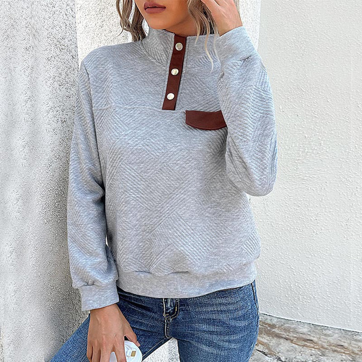 Women Structured Sweatshirt with Stand-up Collar, Snap Button Placket and Chest Flap Mune Fashion